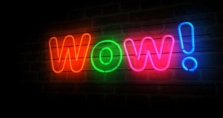 Wow neon light 3d illustration