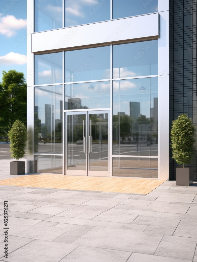 Poster a large glass building with a sign on the side. the building is surrounded by trees and has a modern