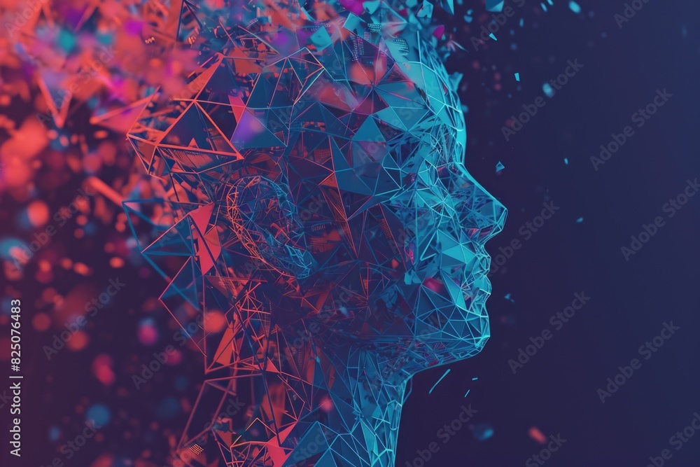 Aufkleber a face made of triangles and squares is shown in a blue and red color scheme. the image has a futuri