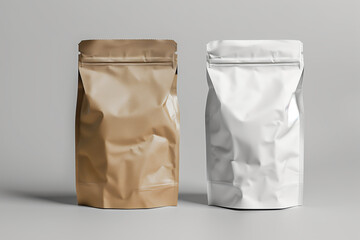 A brown and a white coffee packaging bags on gray background. Mockup with no labels