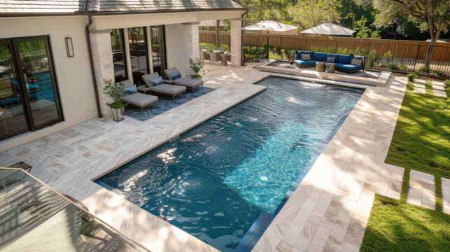 Modern private secluded villa with backyard swimming pool with patio and other outdoor furniture, aerial view.