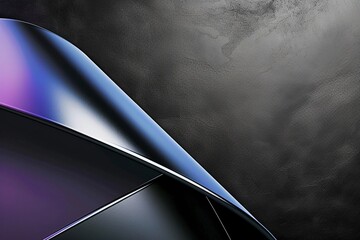 abstract, modern curved form with a glossy metal texture showcasing subtle blue and purple gradients. The backdrop fades from dark to light gray, exuding elegance.
