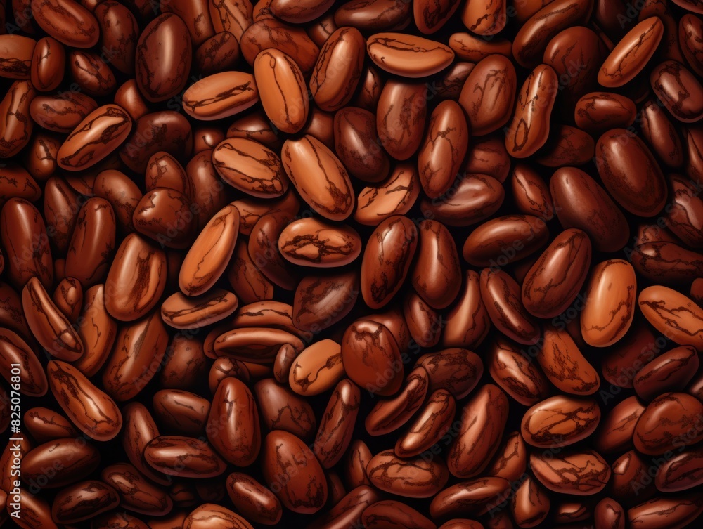 Poster a close up of coffee beans with a brownish color. the beans are scattered all over the image, and th