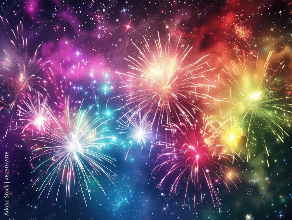 Poster a colorful fireworks display in the sky. the fireworks are in different colors and are scattered thr
