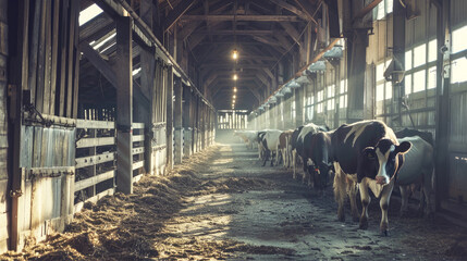 The cows standing in the stalls on a modern farm, livestock industry. Copy space.