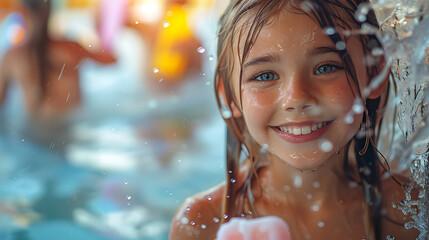 Happy girl in water park holding popsicle. Generative AI illustration