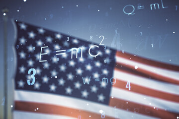 Abstract scientific formula hologram on US flag and blue sky background. Multiexposure