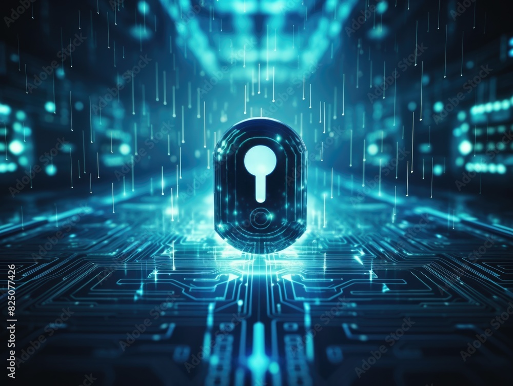 Poster a blue and white image of a key on a computer screen. concept of security and protection, as the key