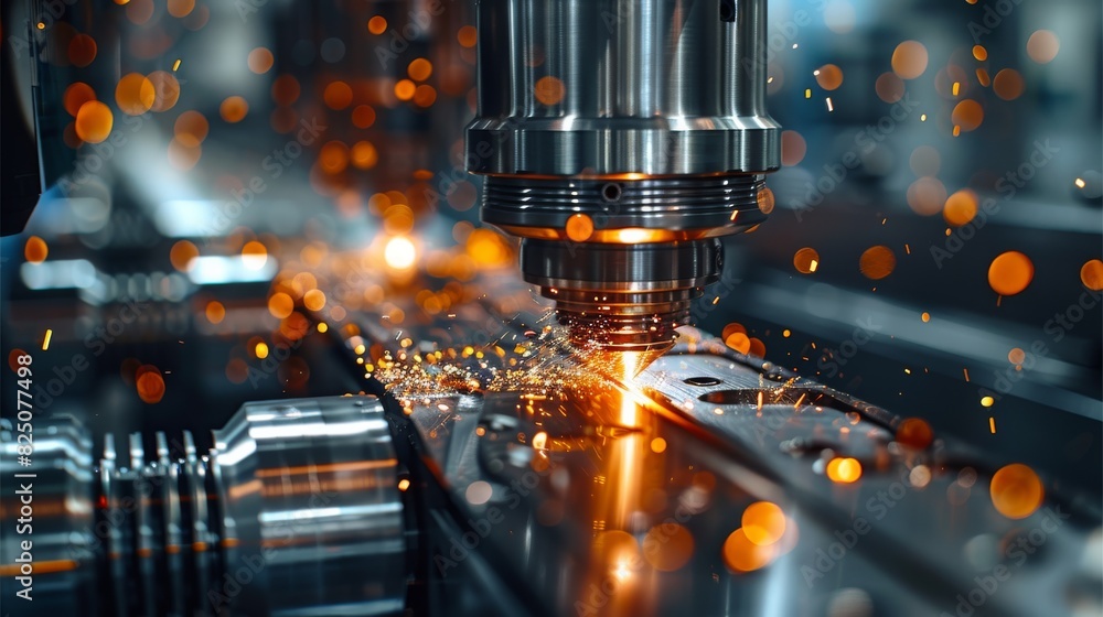 Poster high-tech cnc machine at work in a subtly lit industrial environment. generative ai.