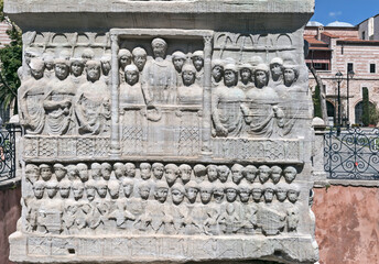 Istanbul, Turkey - July 17, 2023: Obelisk of Theodosius. Detail of the pedestal: Theodosius I...