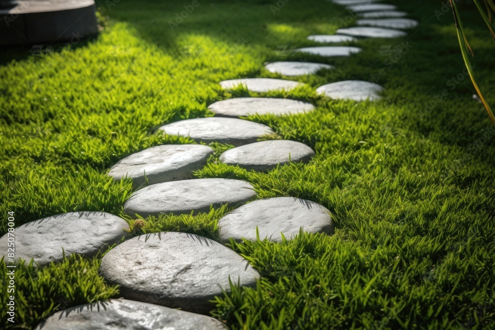 Poster a path made of small stones is lined with grass. the path is long and winding, leading to a lush gre