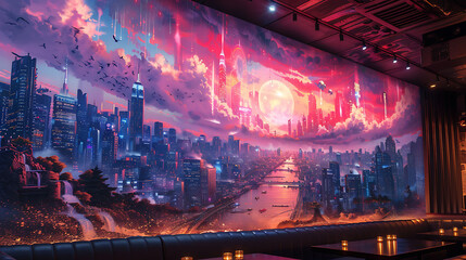 dynamic printable graffiti mural depicting a futuristic cyberpunk cityscape perfect for enhancing the walls of a gaming lounge immersing players in a hightech urban adventure