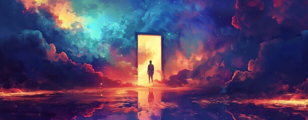 A man stands on the horizon, an open door leads to another world with colorful clouds and a sea of fire, in the style of digital art.