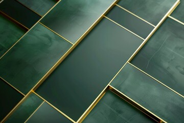 A green and gold tile pattern with a gold border. The tiles are arranged in a way that creates a sense of depth and texture. Scene is elegant and sophisticated