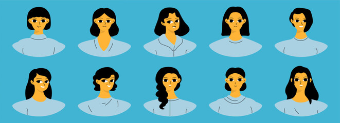 Set of female user portraits. Collection of varios young women faces. Isolated flat vector in simple cartoon style.