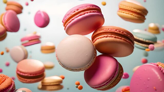 Colorful macarons flying on the air with among the crumbs isolated on blue background