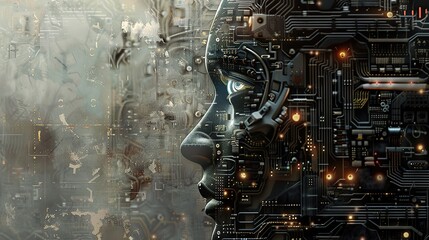 Futuristic cybernetic humanoid with integrated circuits and robotic details