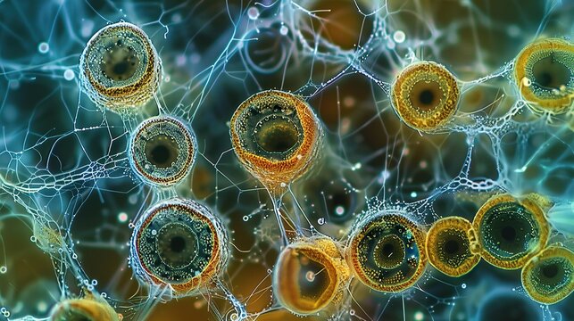 Microscopic view of soil microorganisms and nematodes