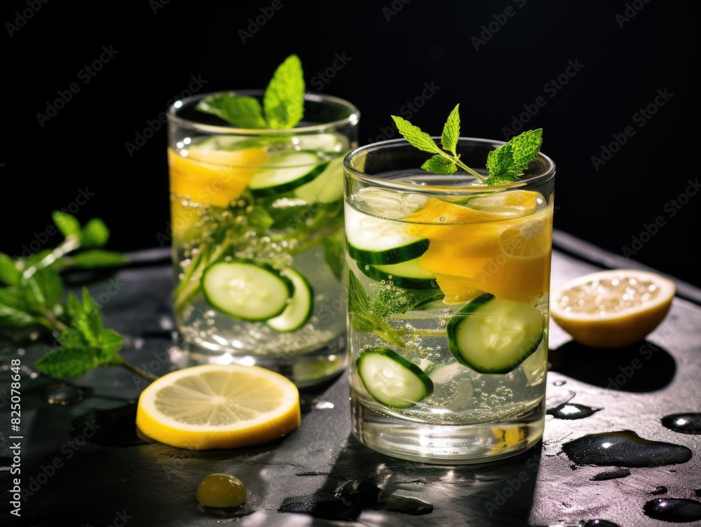 Poster two glasses of cucumber and lemonade with a slice of lemon on the table. scene is refreshing and lig