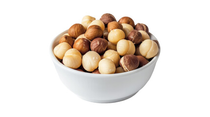 A white bowl filled with assorted nuts sits atop a clean white table, creating a simple and elegant display