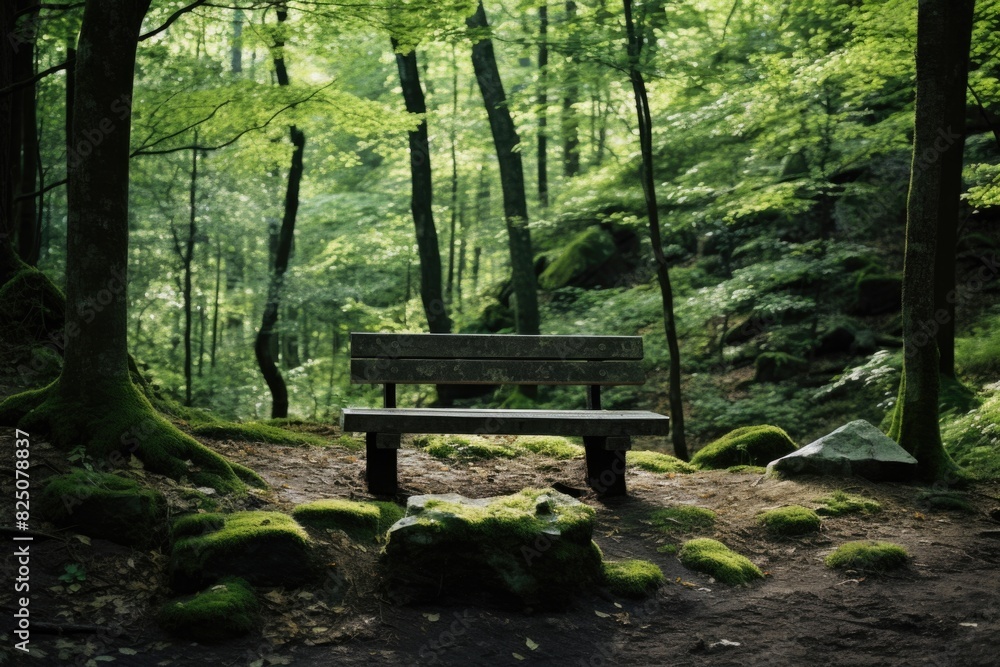 Poster a wooden bench sits in a forest, surrounded by moss and rocks. the scene is peaceful and serene, wit