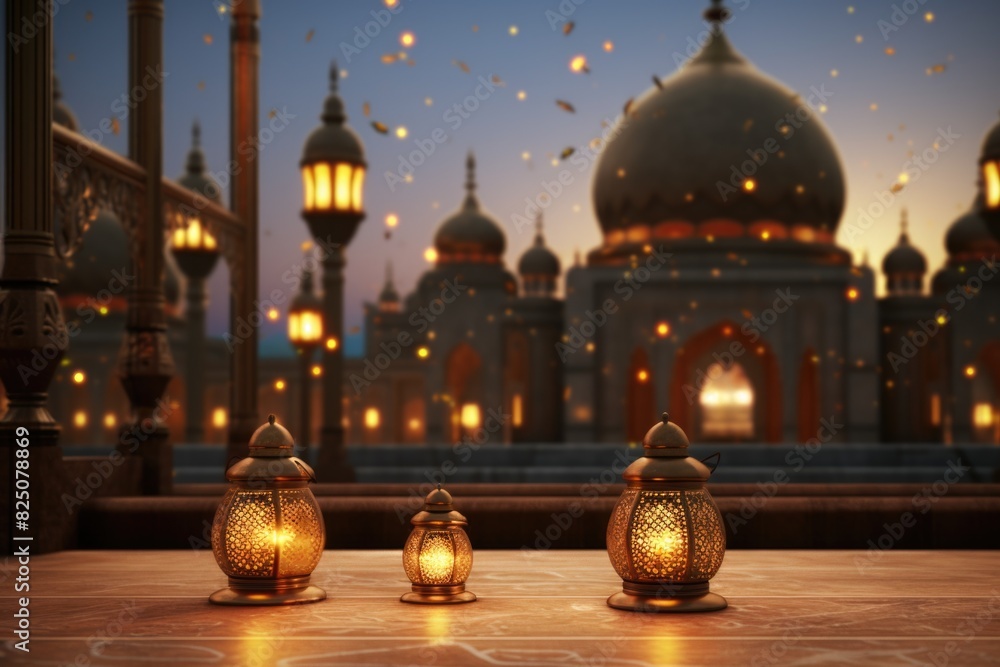Poster a beautiful, ornate building with a large dome and three lanterns lit up. the lanterns are placed on