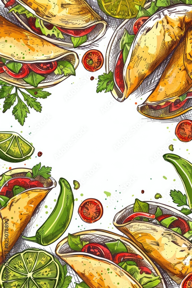 Wall mural A drawing of a plate of food with a border of vegetables and a drawing of a taco - Wall murals