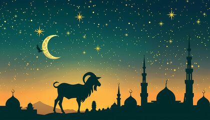 eid al adha banner illustration, silhouette of goat with mosque at night