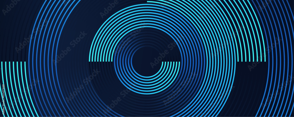 Poster abstract circle line pattern spin blue green light isolated on black background in the concept of mu