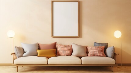 A panoramic frame mockup centered on a light beige wall above a mid-century modern sofa, with tasteful scatter cushions and soft ambient lighting.