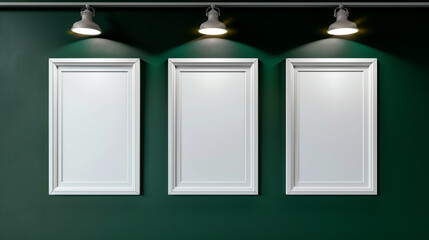 Three white picture frames arranged horizontally on a dark green wall, with spotlights positioned directly above each to create a striking visual effect.