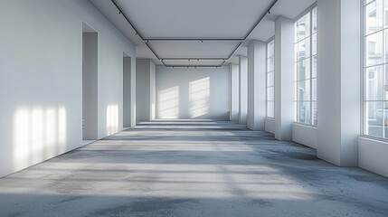 Small podcast studio, empty room, grey carpet on the floor, white walls, minimalist. Generative AI.