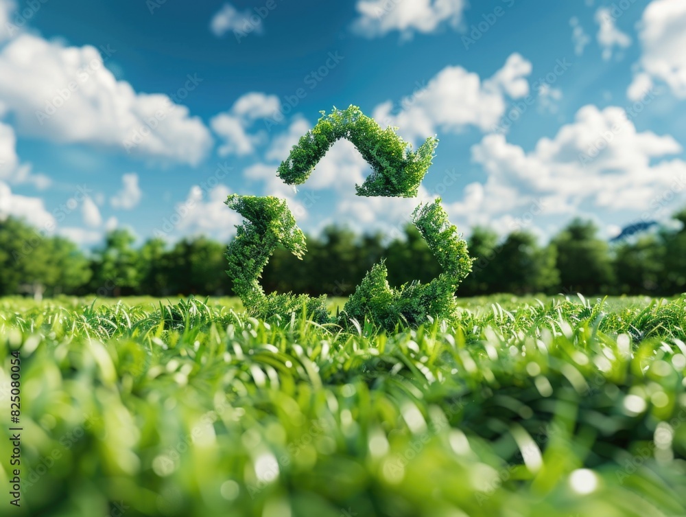 Poster a green tree with a green leafy symbol of a recycle sign. the image is of a field with a lot of gras