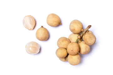 Longkong fruit (Lansium  parasiticum) with half sliced  isolated on white background. Top view, flat lay.