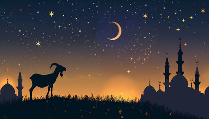 eid al adha banner illustration, silhouette of goat with mosque at night