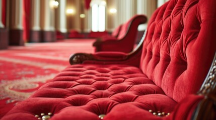 A red velvet couch with wooden legs sits in a room. The couch is the main focus of the image, and it is the most comfortable and inviting piece of furniture in the room