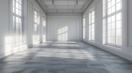 Fototapeta premium Small podcast studio, empty room, grey carpet on the floor, white walls, minimalist. Generative AI.