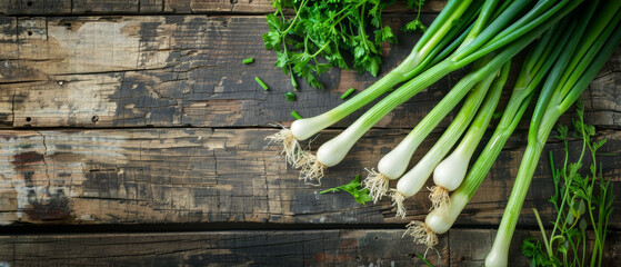 Spring onions on a rustic wooden table with herbs
