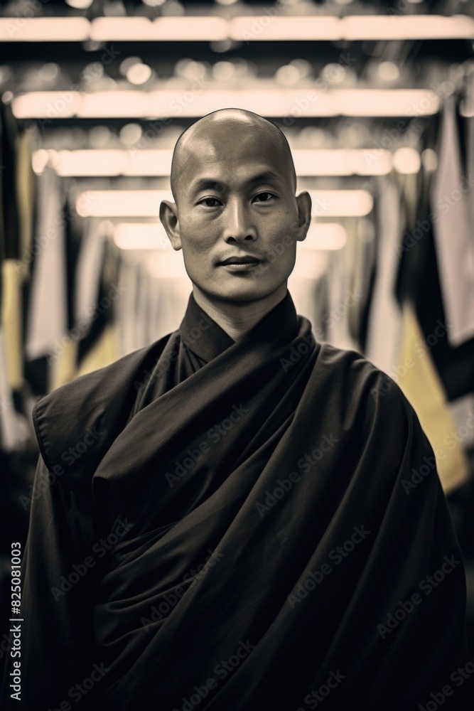 Poster a man wearing a black robe stands in front of a row of flags. the man is bald and has a serious expr