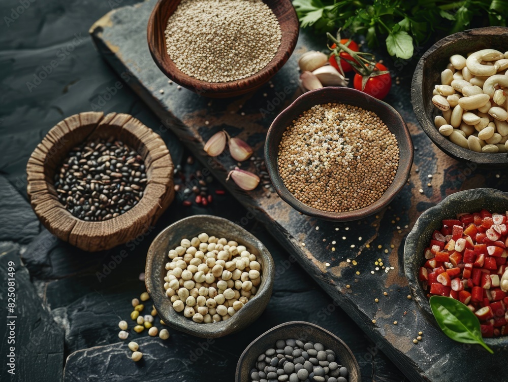 Poster a variety of spices and beans are displayed in bowls on a counter. the bowls are arranged in a way t