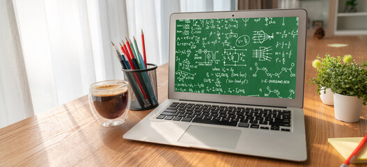 Mathematic equations and modish formula on computer screen showing concept of science and education