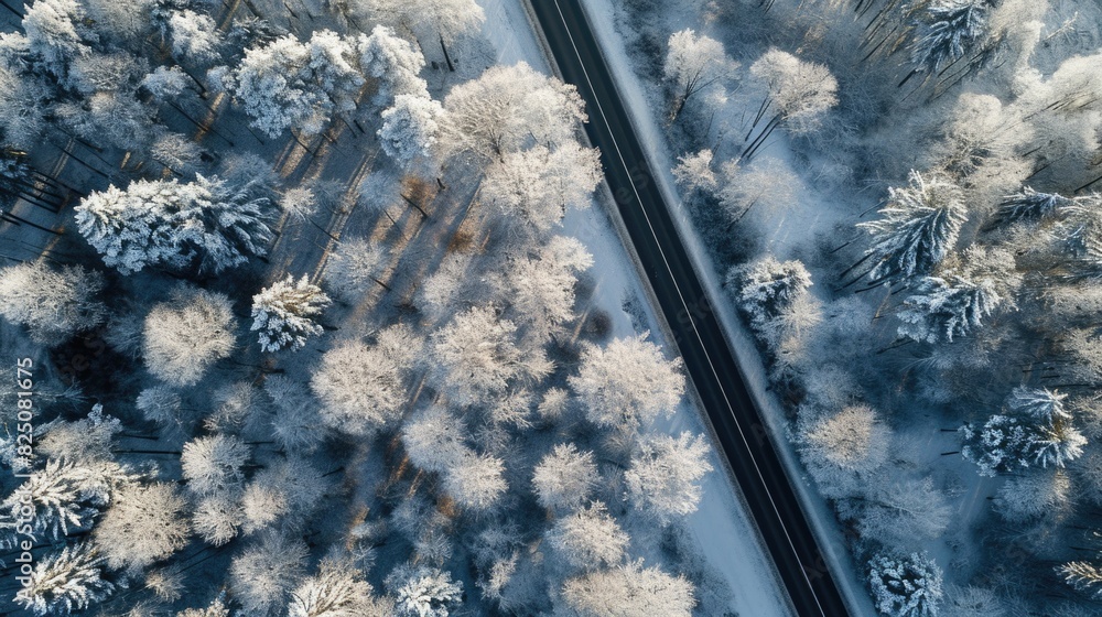 Poster a snowy forest with a road running through it. the road is empty and the trees are bare