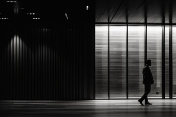 A man walks down a hallway in a building. The hallway is dark and empty, with only a few lights on. The man is wearing a suit and he is in a hurry. Scene is somber and serious