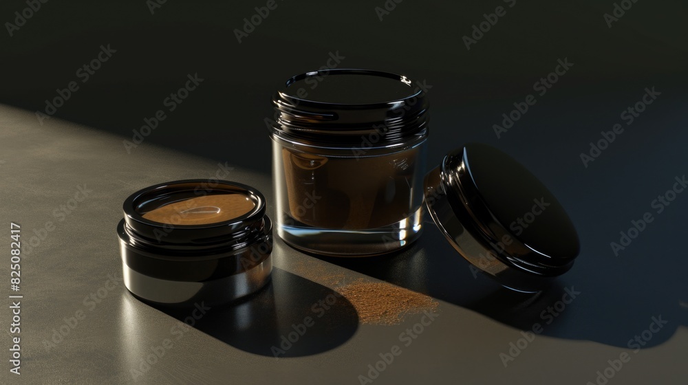 Poster three small jars of brown powder are sitting on a dark surface. the jars are all different sizes and