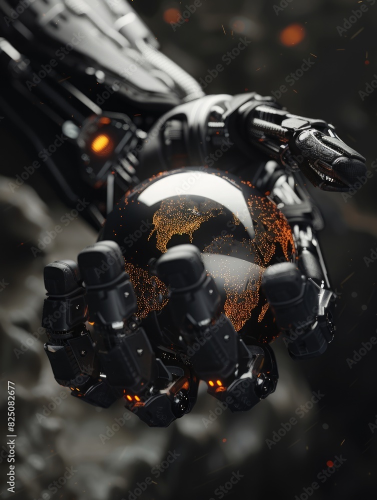 Poster a robotic hand holding a globe. the globe is black and has a shiny surface. concept of technology an