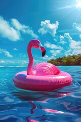 A pink flamingo is floating on a pink inflatable raft in the ocean. The scene is bright and cheerful, with the sun shining down on the water and the flamingo. Concept of relaxation and leisure