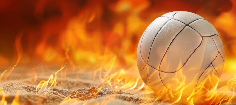 Vivid volleyball spike ignites beach court, making fiery waves under the striking sunset sky