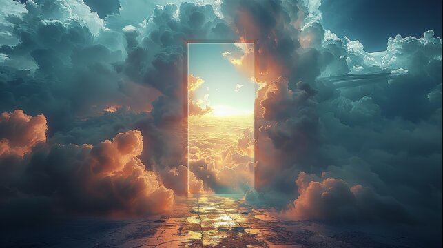 Dramatic sky scene as a portal opens, offering a glimpse into alternate dimensions, rendered with high detail and clarity. Generative AI.