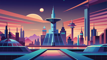 Retrofuturism city landscape vector illustration