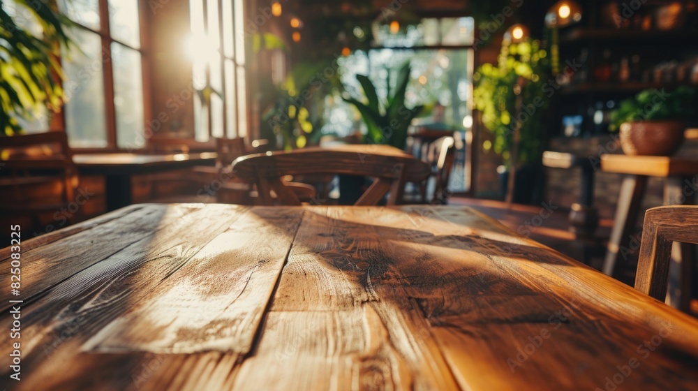 Poster a wooden table with a chair in front of it. the table is empty and the chair is facing the camera